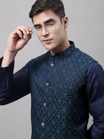 Jompers Men's Navy Blue and Green Woven Design Waistcoats - Distacart