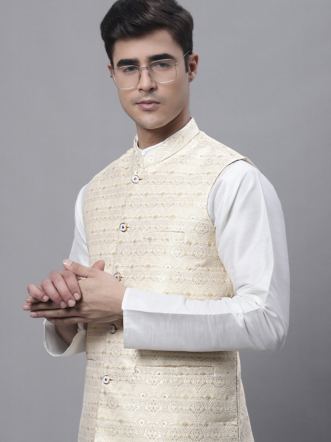 Jompers Men's Yellow and White Woven Design Nehru Jacket - Distacart