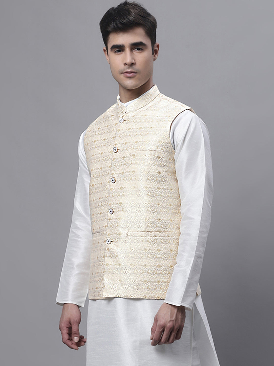 Jompers Men's Yellow and White Woven Design Nehru Jacket - Distacart