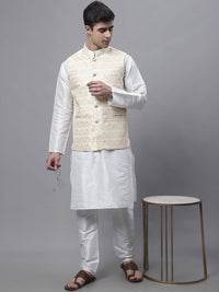 Thumbnail for Jompers Men's Yellow and White Woven Design Nehru Jacket - Distacart