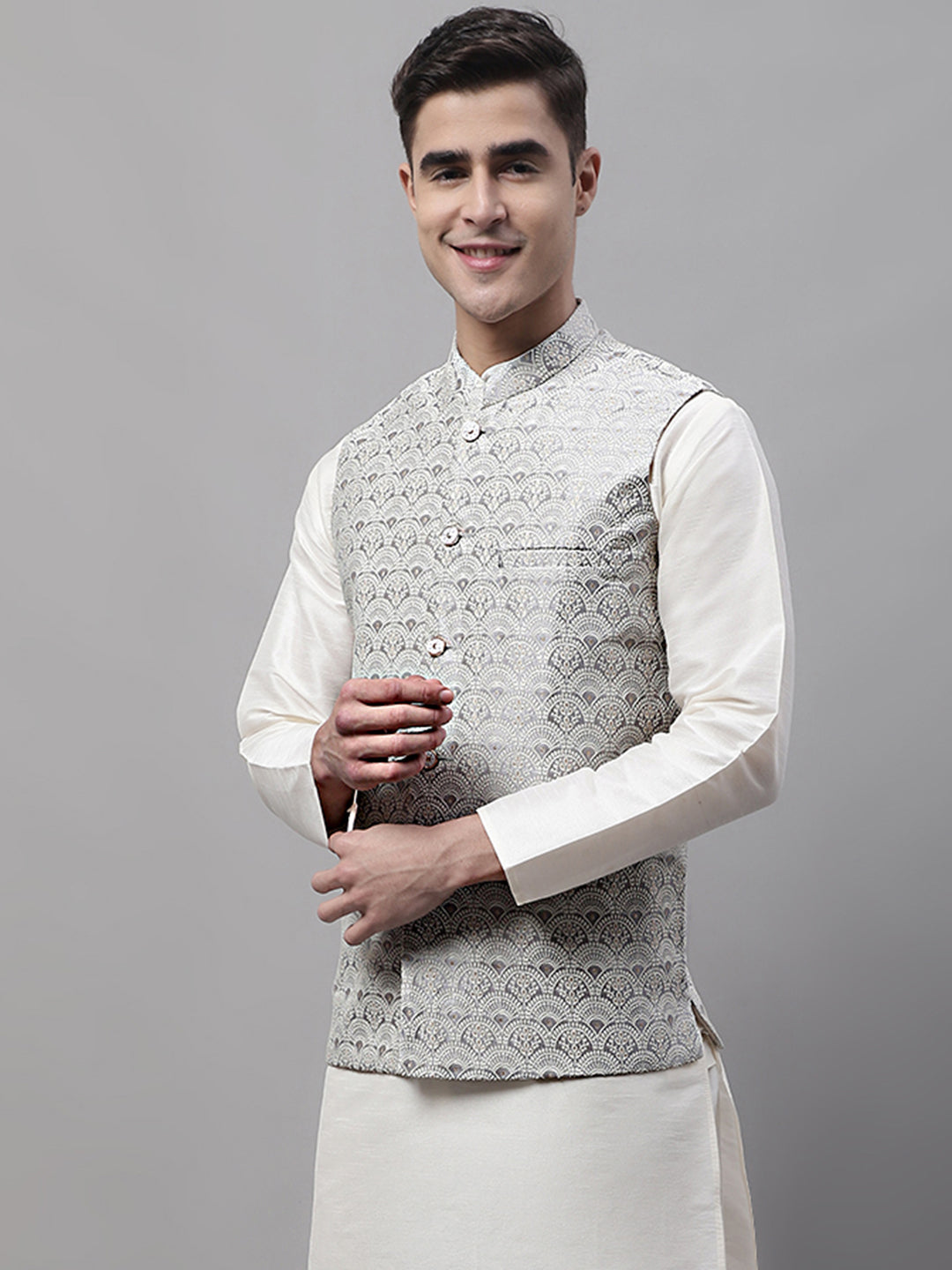 Jompers Men's Grey and White Woven Design Waistcoats - Distacart