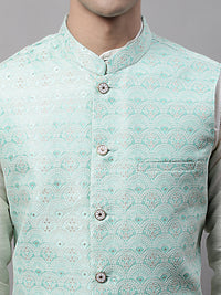 Thumbnail for Jompers Men's Sky Blue and White Woven Design Waistcoats - Distacart