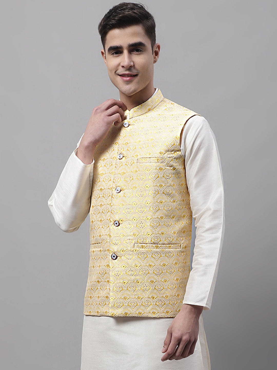 Jompers Men's Yellow and White Woven Design Waistcoats - Distacart