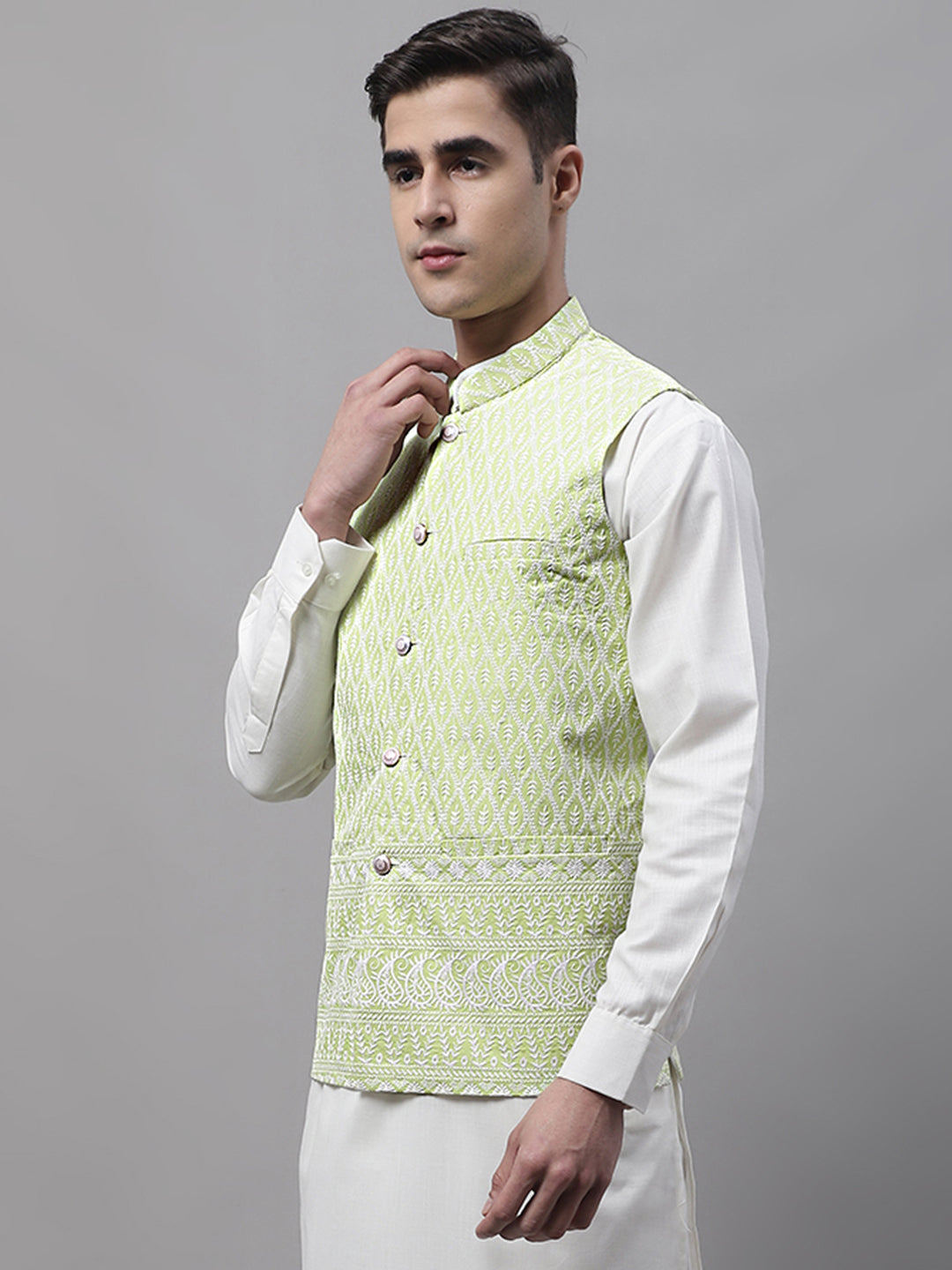 Jompers Men's Green and White Embroidered Waistcoats - Distacart
