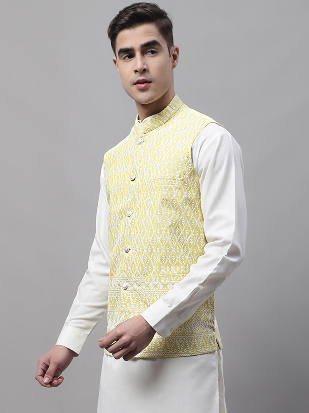 Jompers Men's Yellow and White Embroidered Waistcoats - Distacart