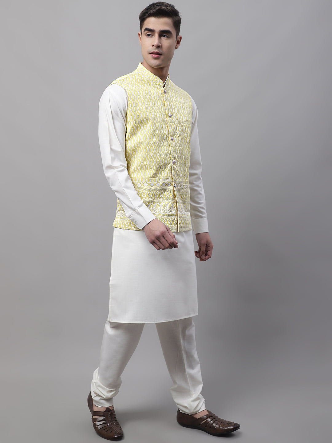 Jompers Men's Yellow and White Embroidered Waistcoats - Distacart