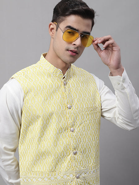 Jompers Men's Yellow and White Embroidered Waistcoats - Distacart