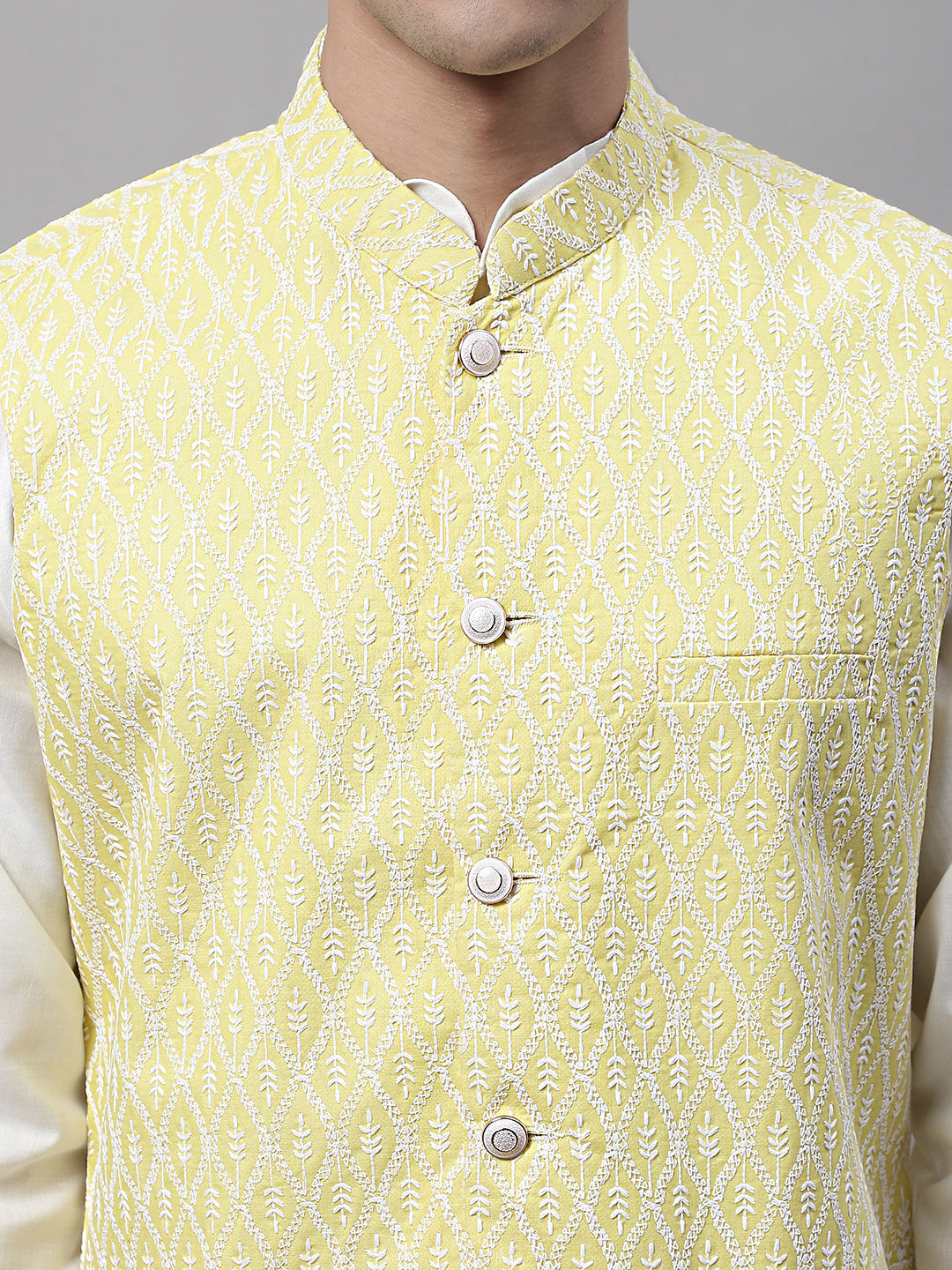 Jompers Men's Yellow and White Embroidered Waistcoats - Distacart