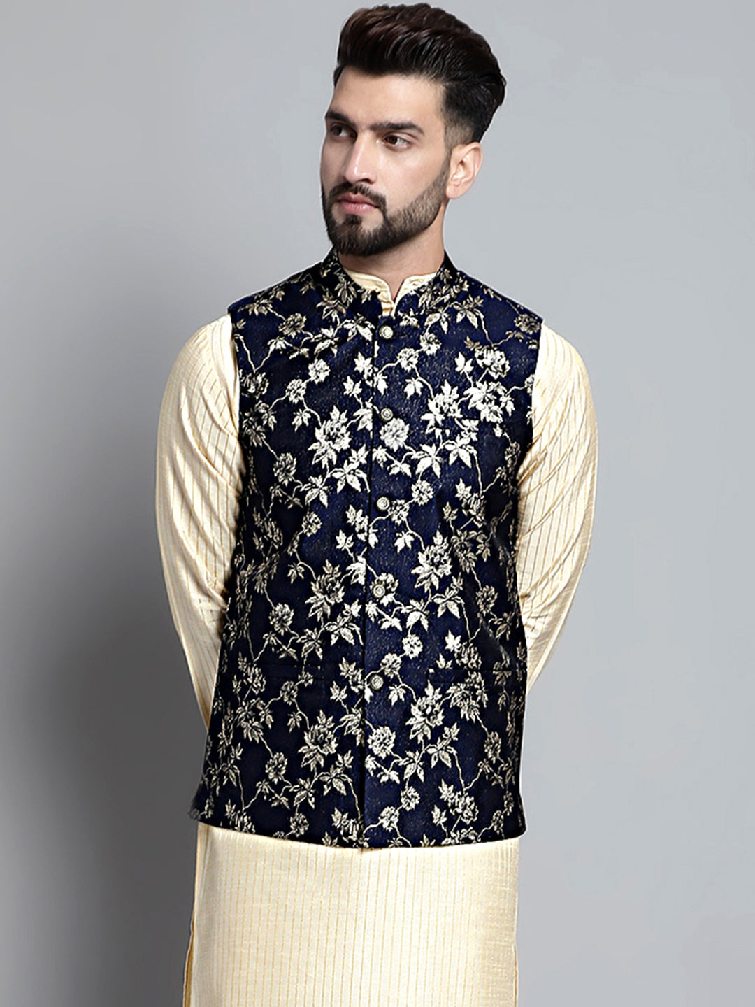 Jompers Men's Woven Design Nehru Jacket - Navy Blue - Distacart