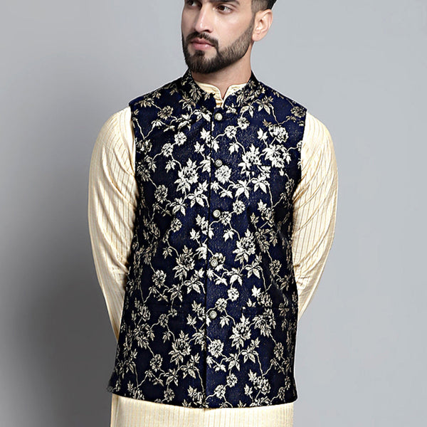 Jompers Men's Woven Design Nehru Jacket - Navy Blue - Distacart
