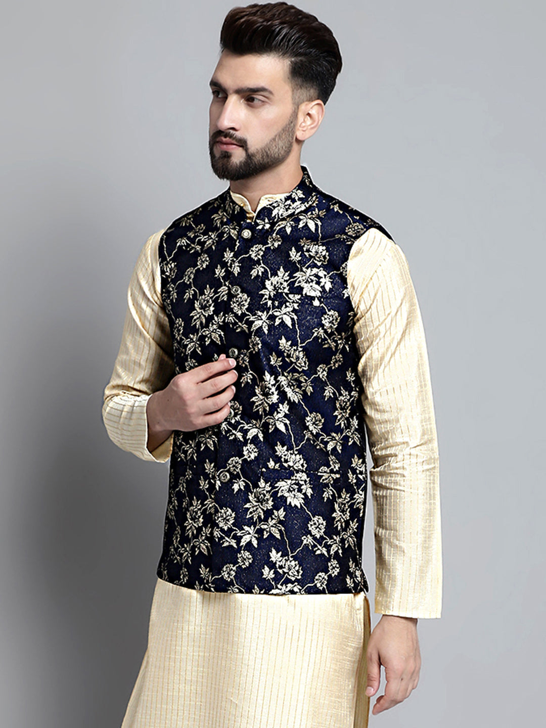 Jompers Men's Woven Design Nehru Jacket - Navy Blue - Distacart