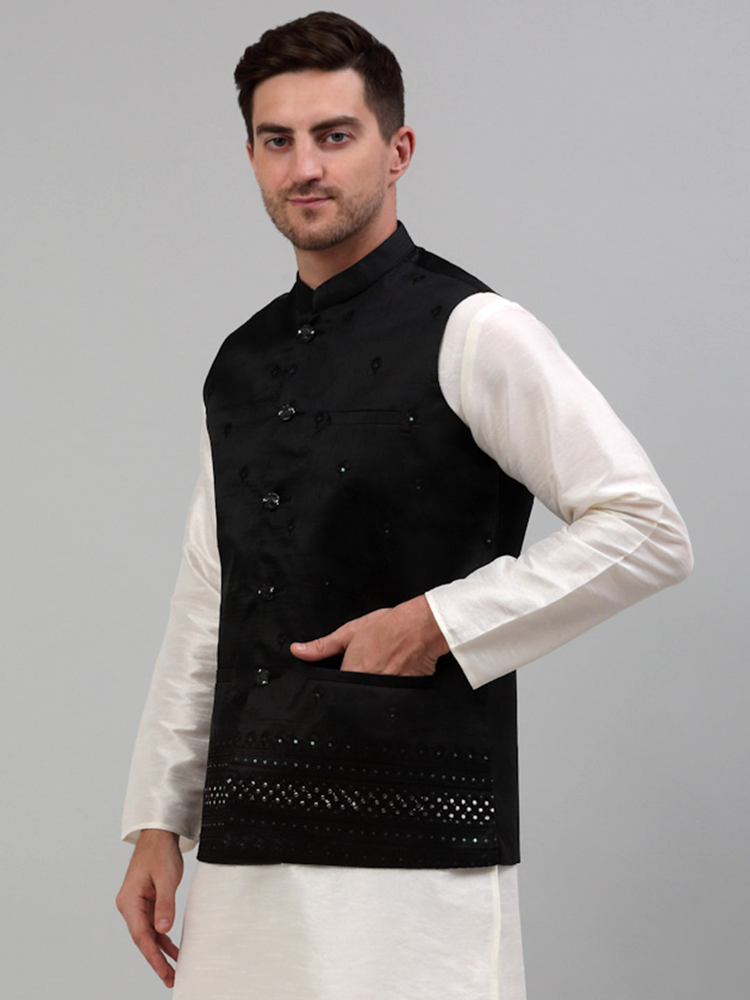 Jompers Men's Embroidered Nehru Jacket - Black - Distacart