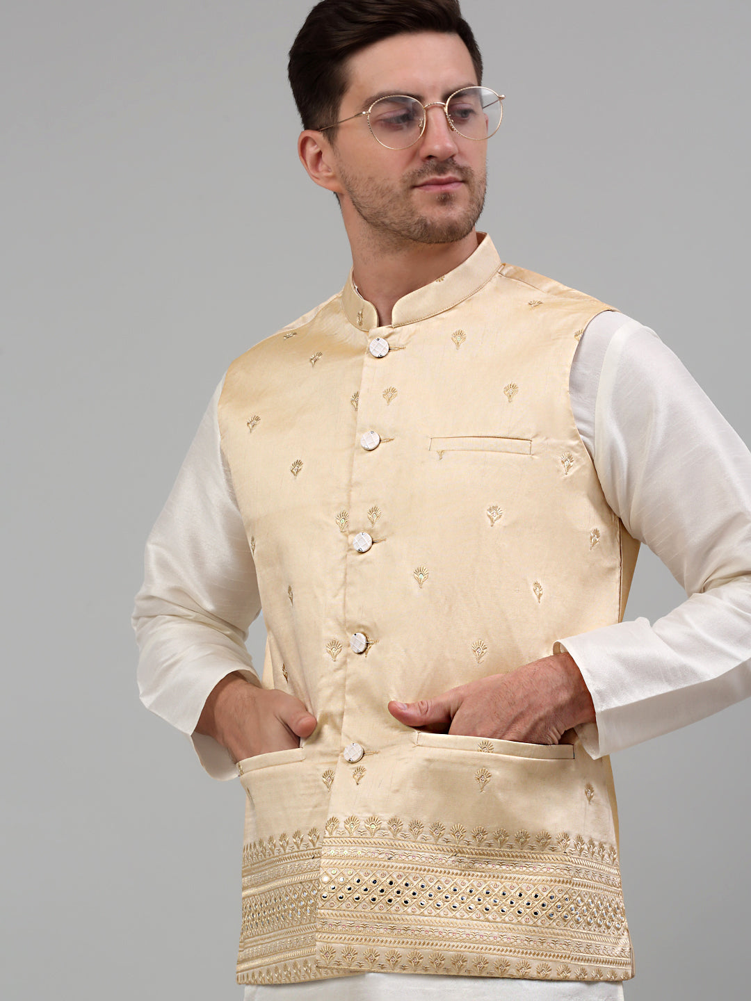 Jompers Men's Embroidered Nehru Jacket - Golden - Distacart