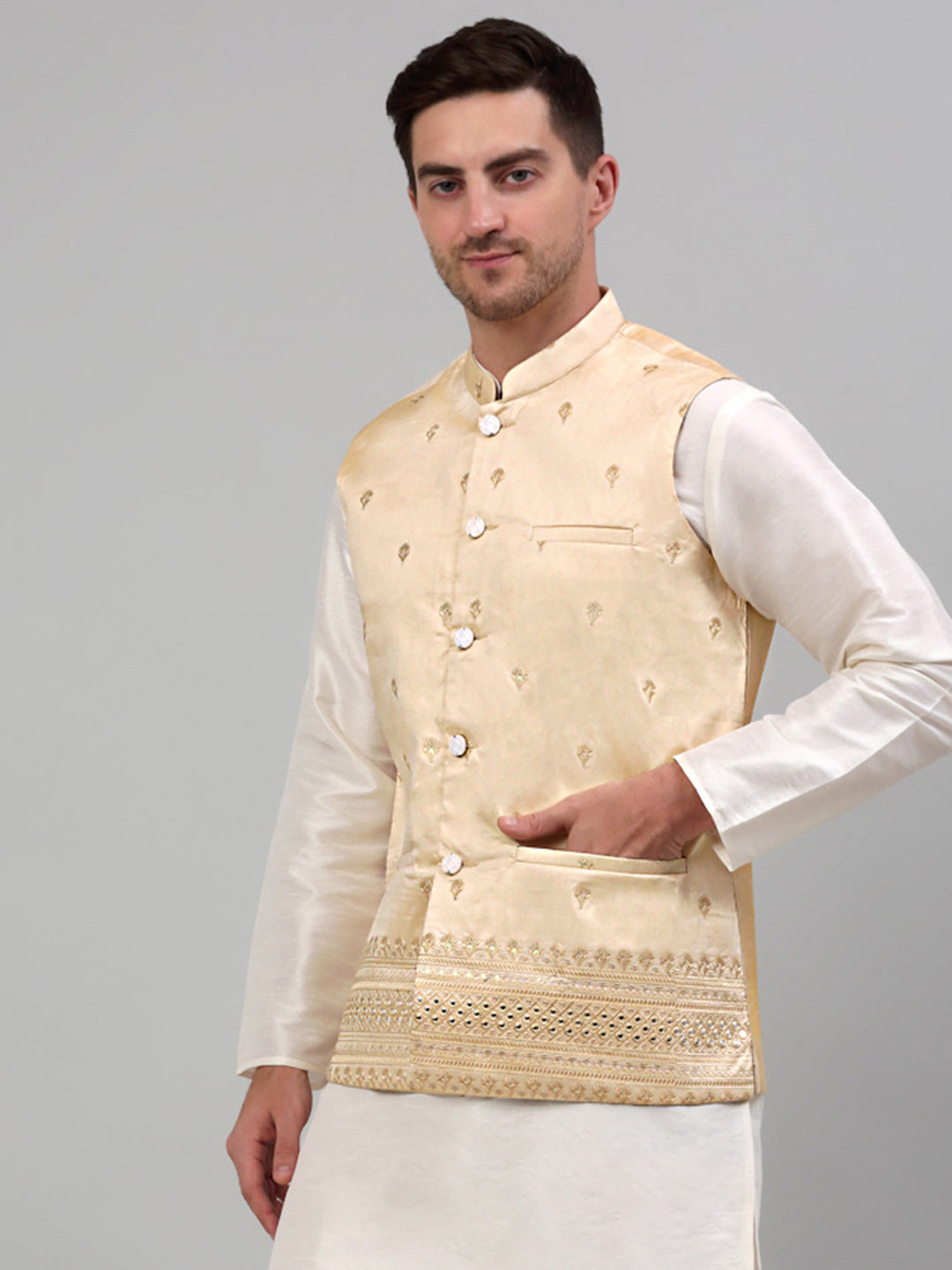 Jompers Men's Embroidered Nehru Jacket - Golden - Distacart