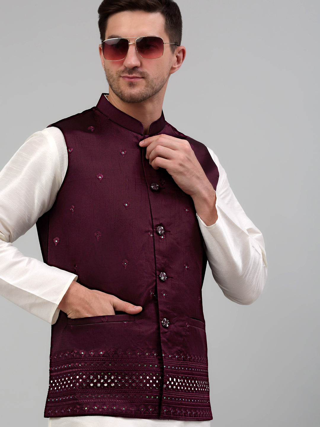 Jompers Men's Embroidered Nehru Jacket - Purple - Distacart