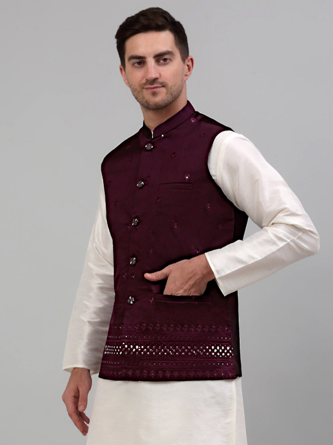 Jompers Men's Embroidered Nehru Jacket - Purple - Distacart