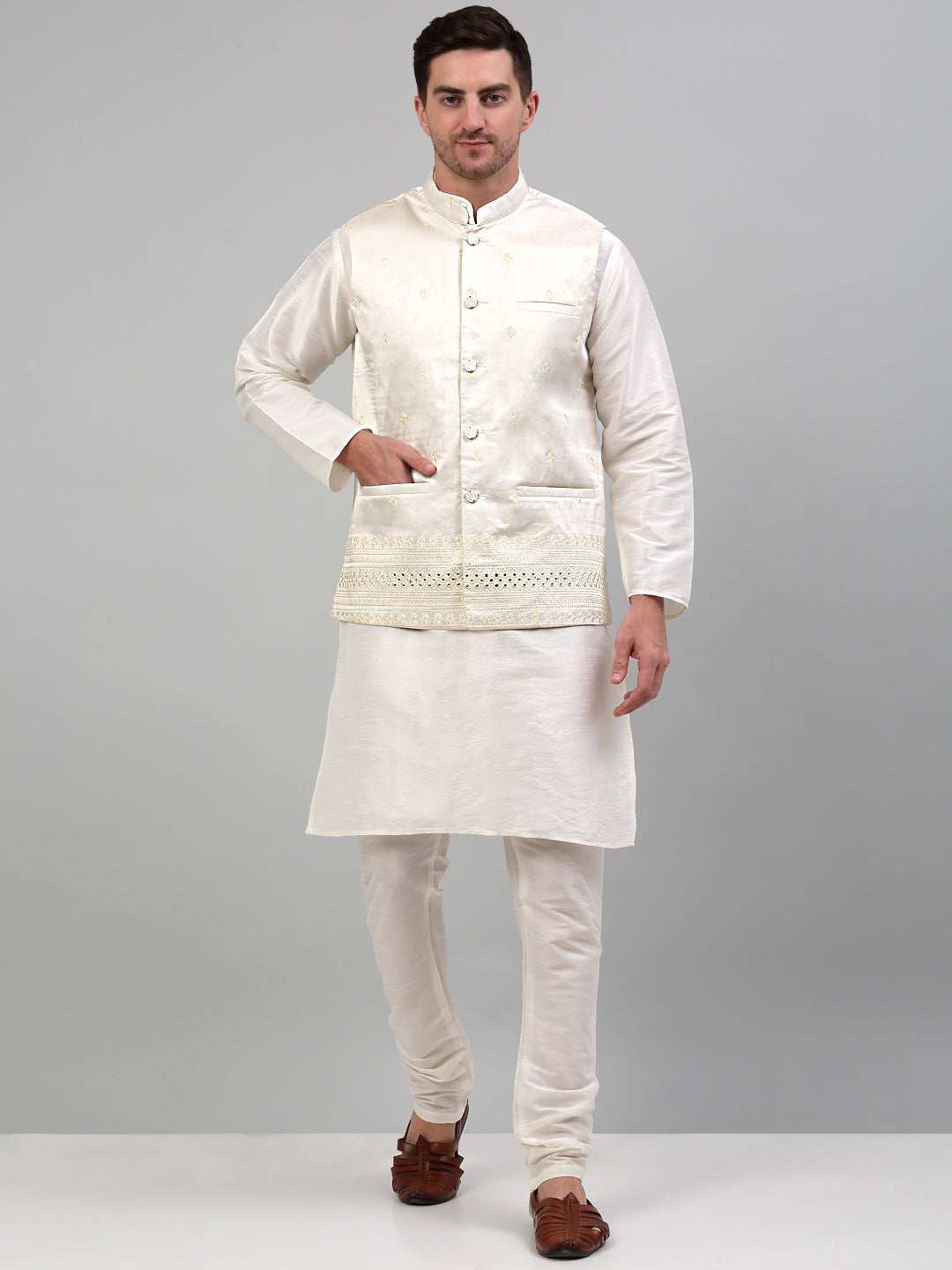 Jompers Men's Embroidered Nehru Jacket - White - Distacart