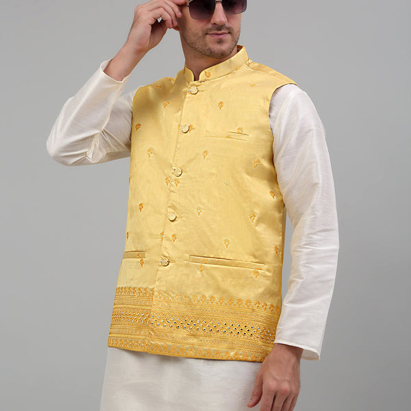 Jompers Men's Embroidered Nehru Jacket - Yellow - Distacart