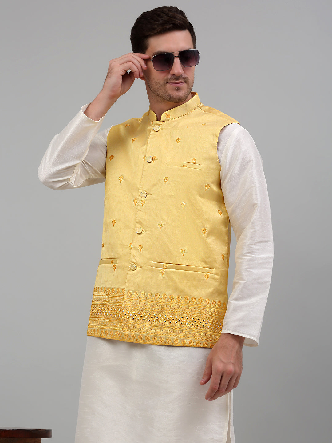 Jompers Men's Embroidered Nehru Jacket - Yellow - Distacart
