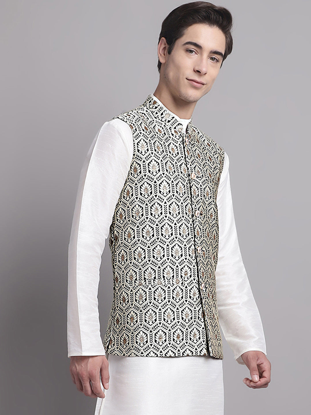 Jompers Men's Black and Silver Woven Design Nehru Jacket - Distacart