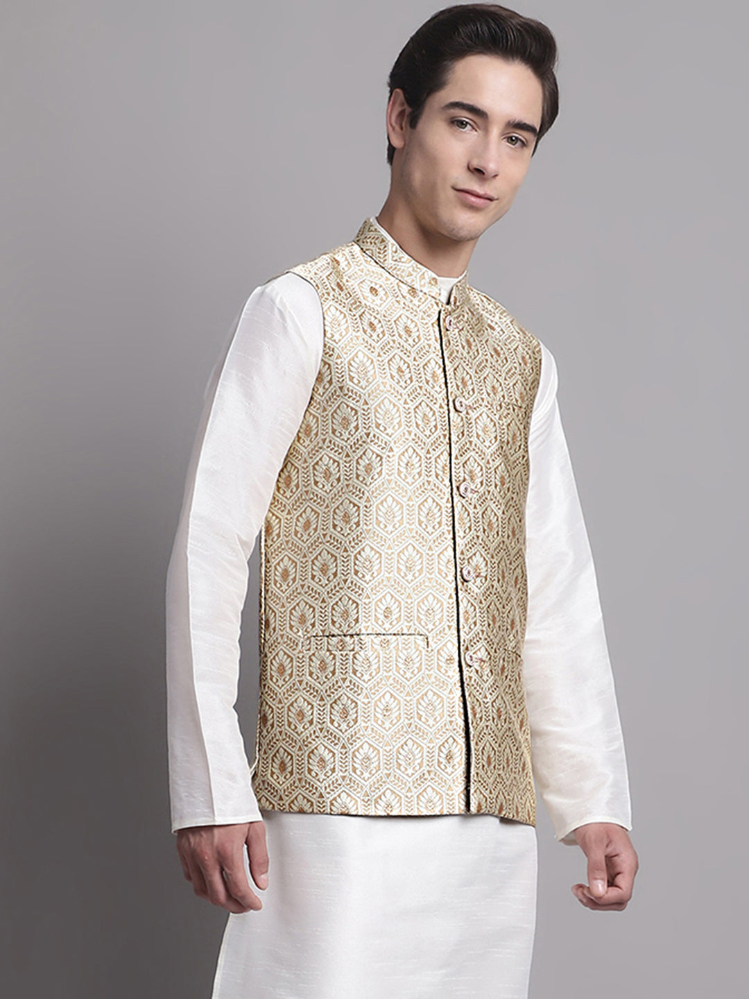 Jompers Men's Cream Woven Design Nehru Jacket - Distacart