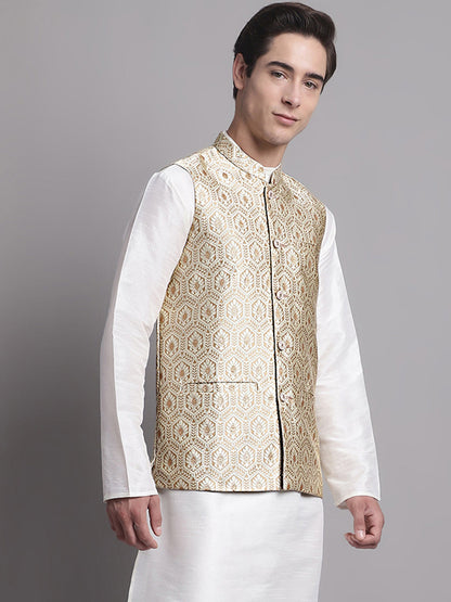 Jompers Men's Cream Woven Design Nehru Jacket - Distacart