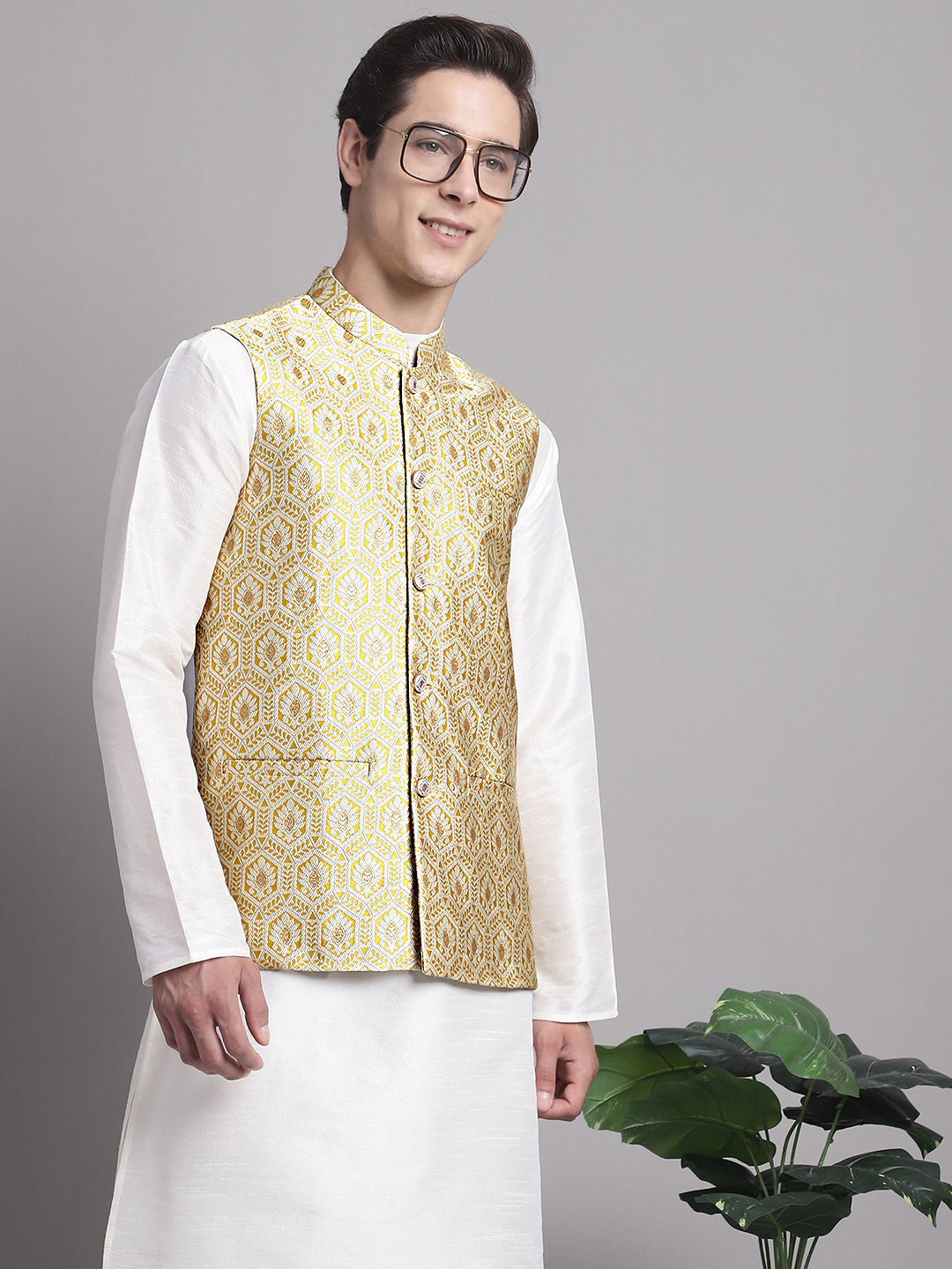 Jompers Men's Golden Woven Design Nehru Jacket - Distacart