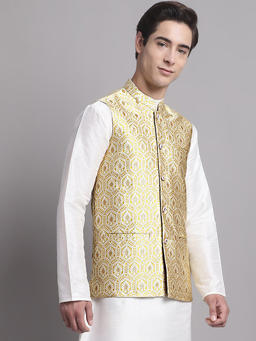 Jompers Men's Golden Woven Design Nehru Jacket - Distacart