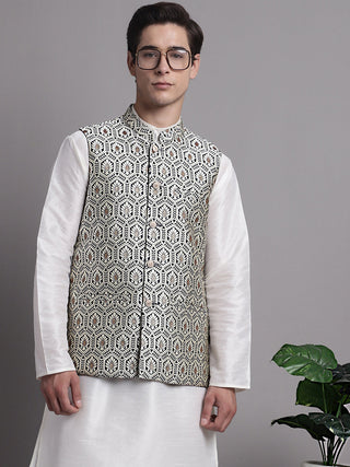 Jompers Men's Navy Blue and Silver Woven Design Nehru Jacket - Distacart