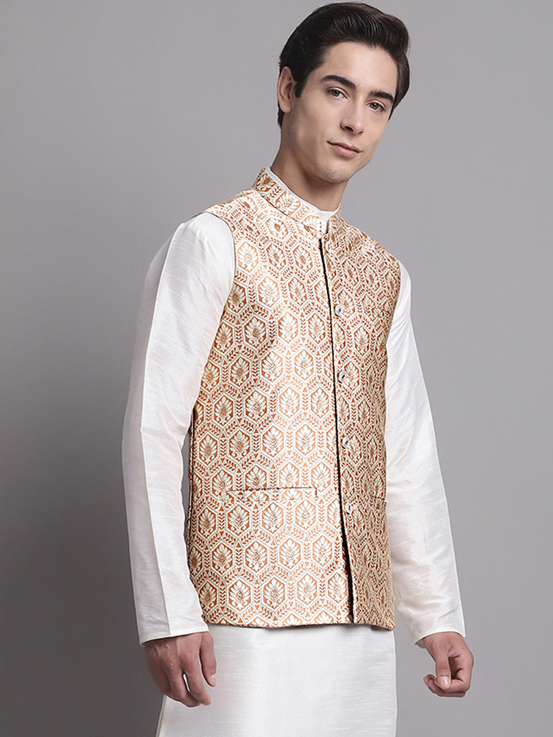 Jompers Men's Peach and Golden Woven Design Nehru Jacket - Distacart