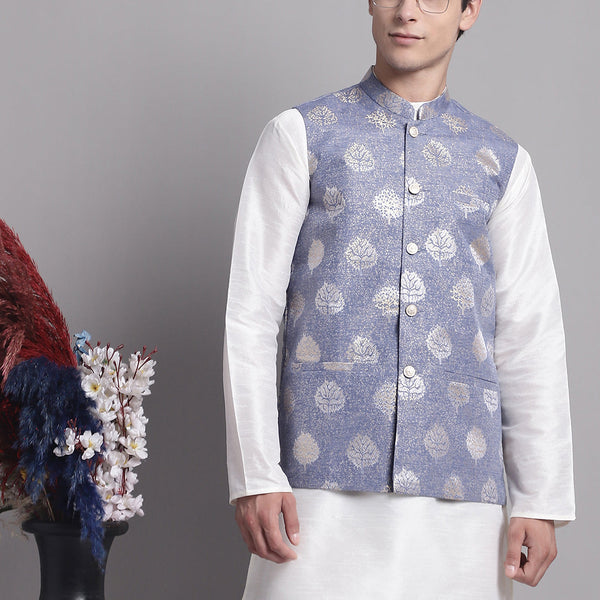 Jompers Men's Blue and Golden Printed Nehru Jacket - Distacart