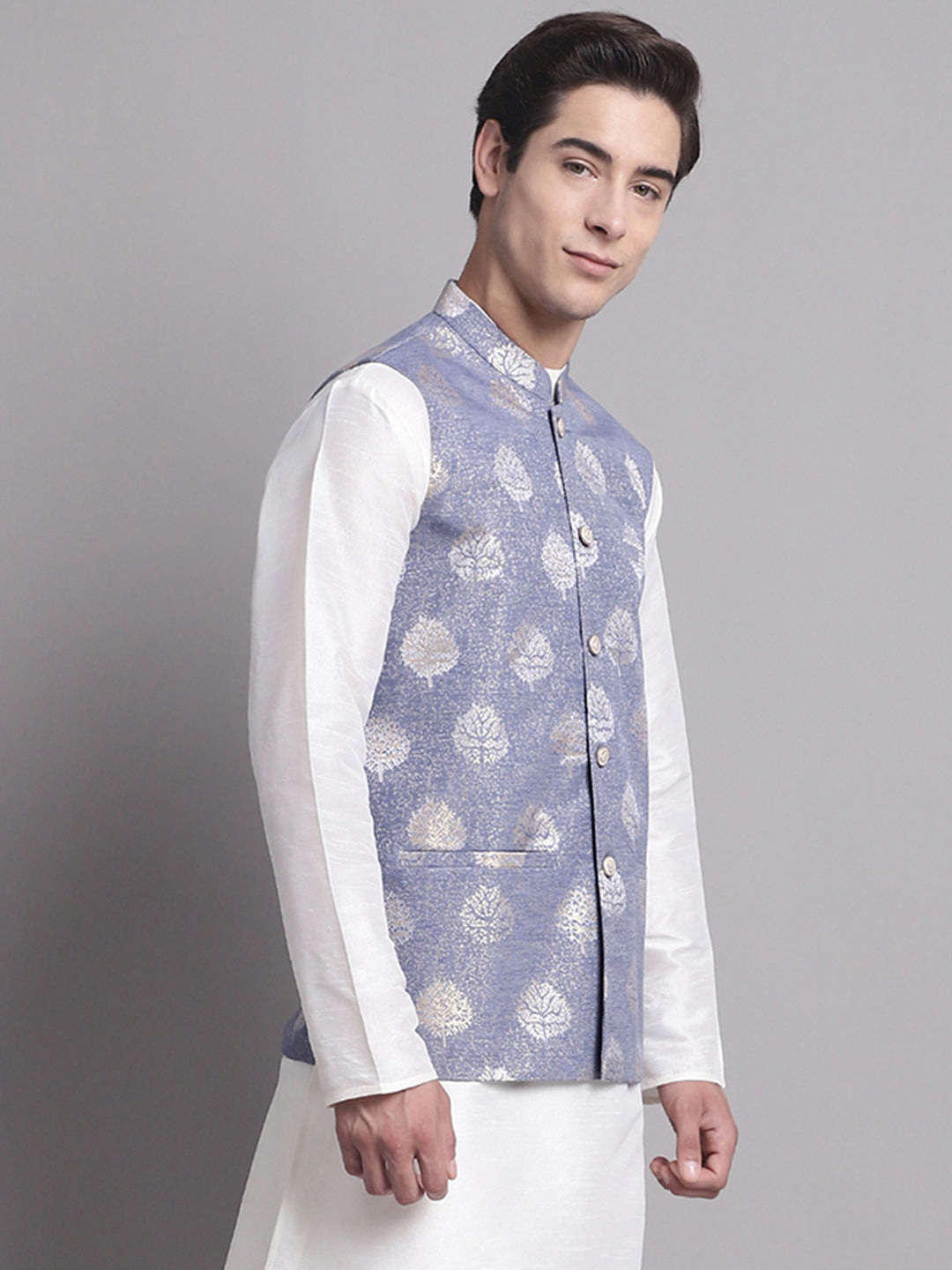 Jompers Men's Blue and Golden Printed Nehru Jacket - Distacart