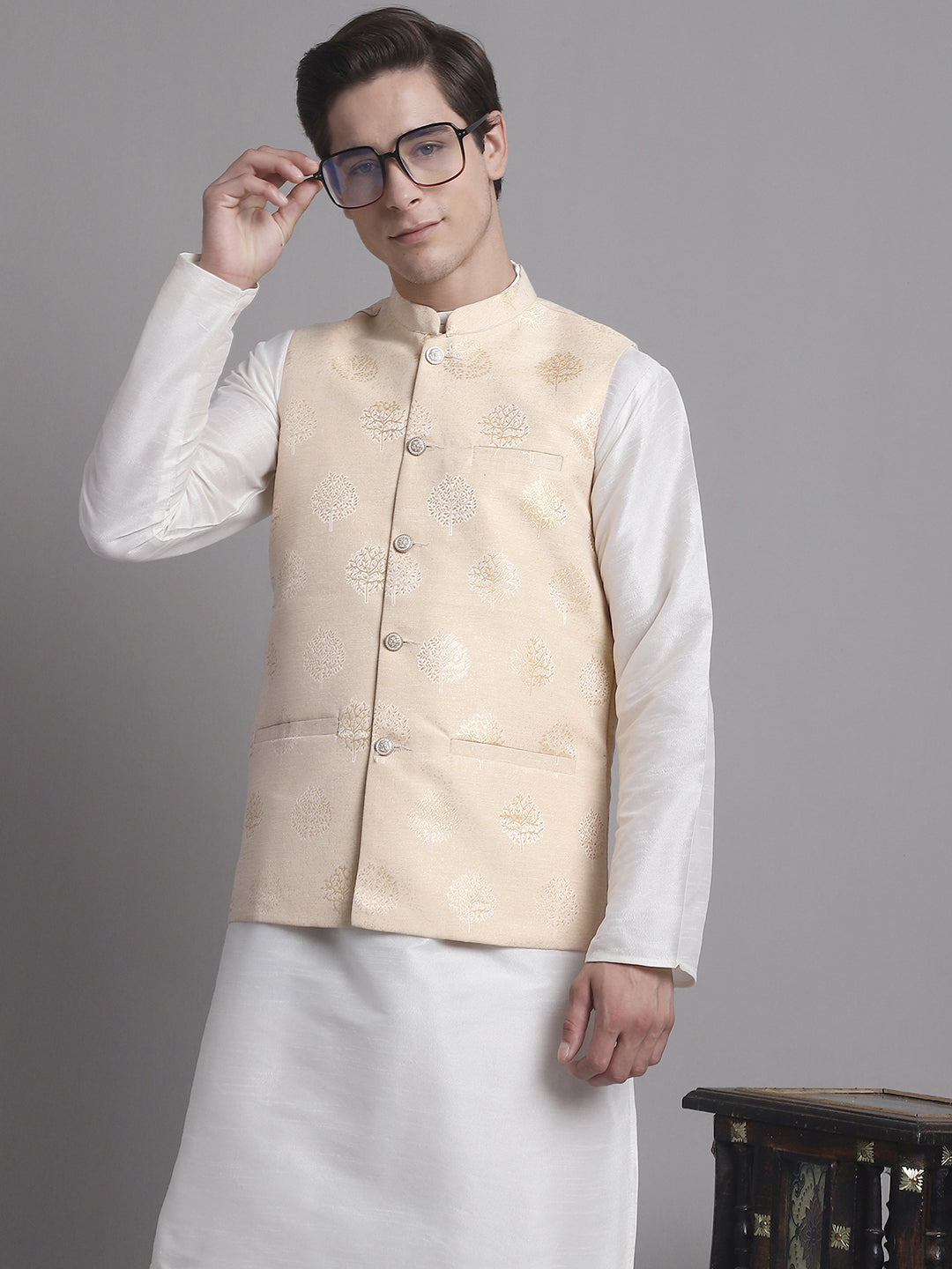 Jompers Men's Cream and Golden Printed Nehru Jacket - Distacart
