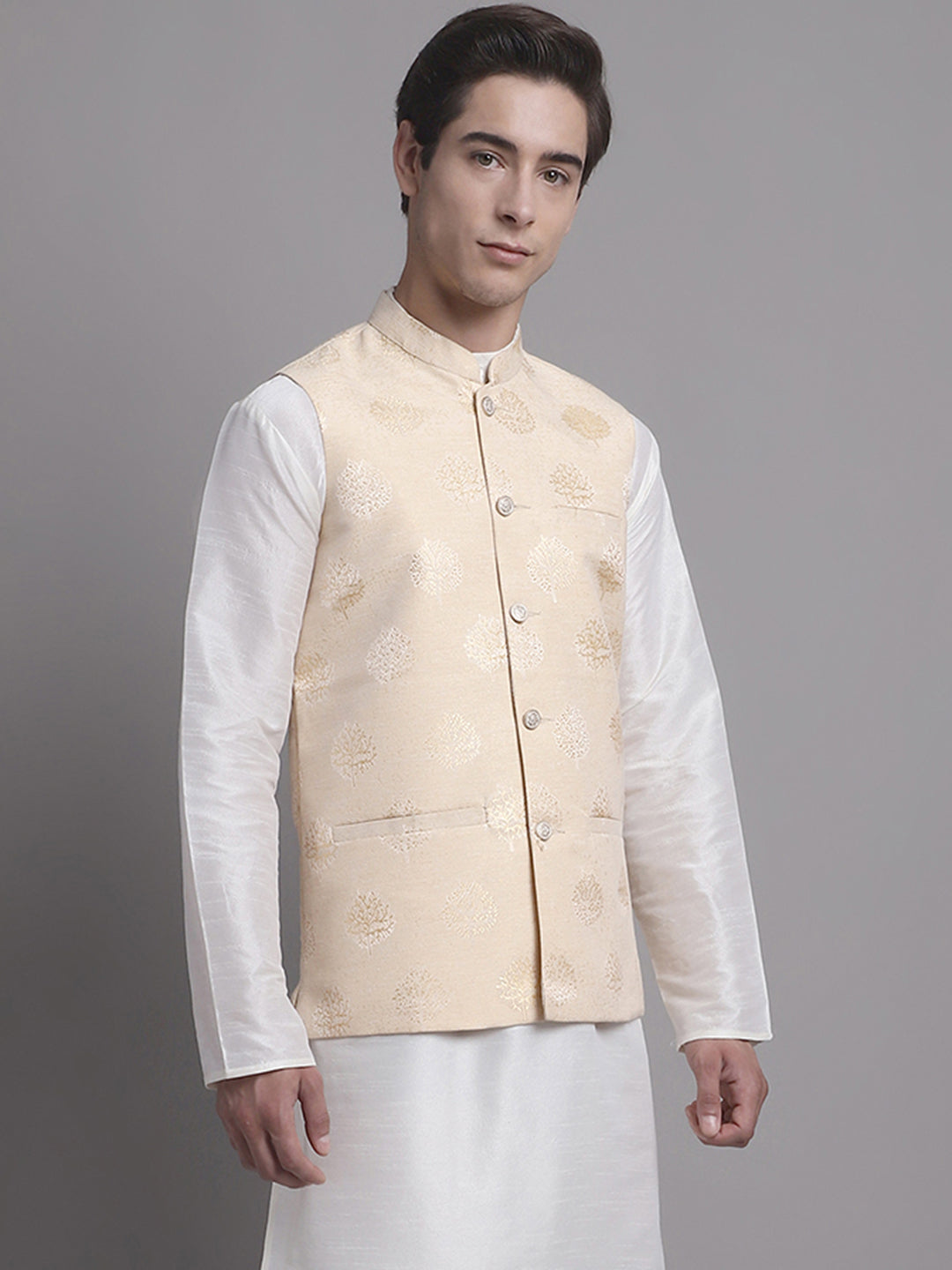 Jompers Men's Cream and Golden Printed Nehru Jacket - Distacart