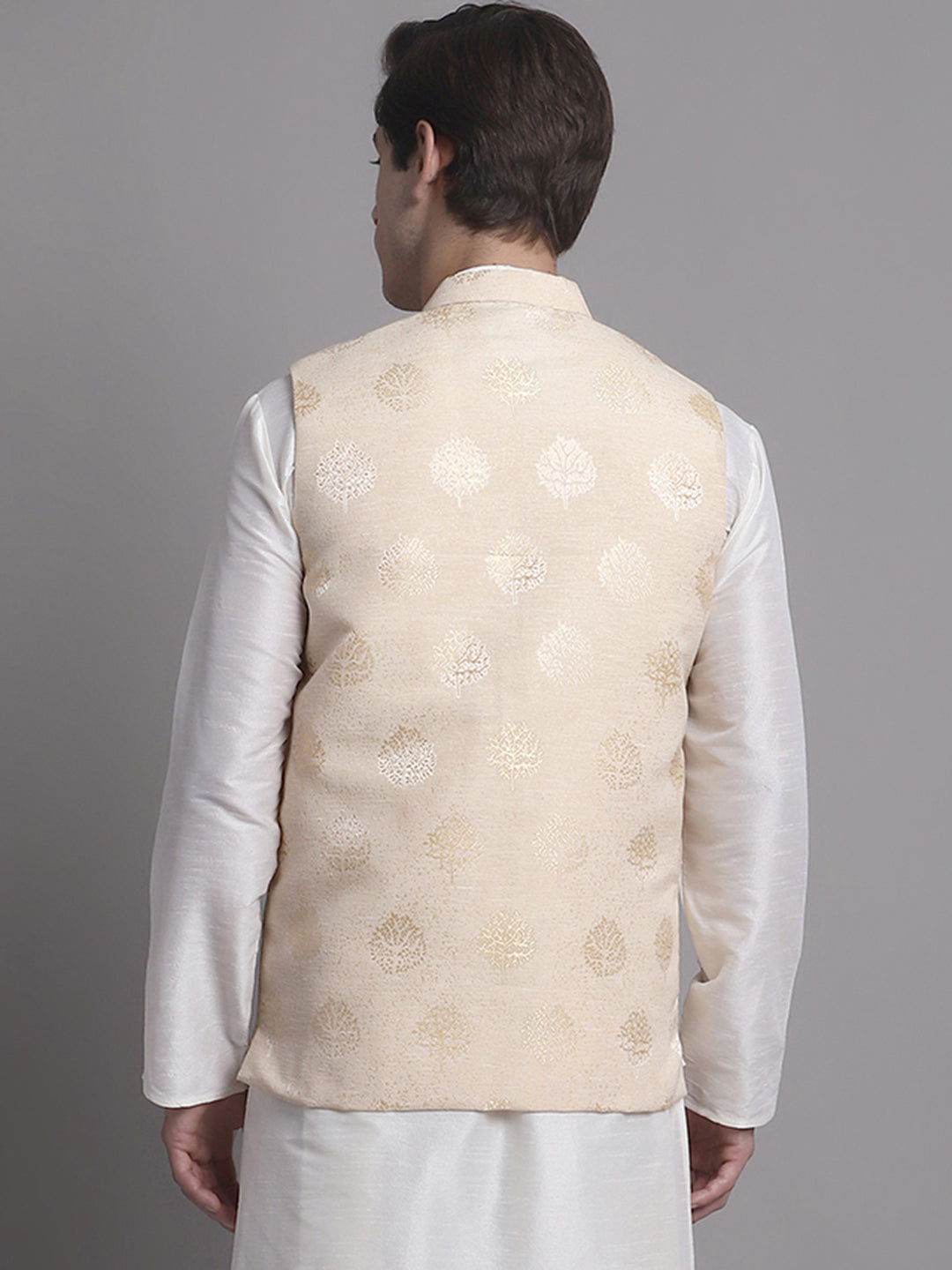 Jompers Men's Cream and Golden Printed Nehru Jacket - Distacart