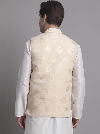 Jompers Men's Cream and Golden Printed Nehru Jacket - Distacart
