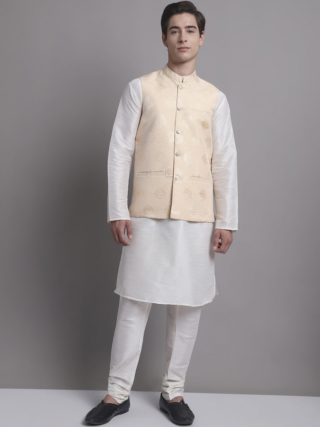 Jompers Men's Cream and Golden Printed Nehru Jacket - Distacart