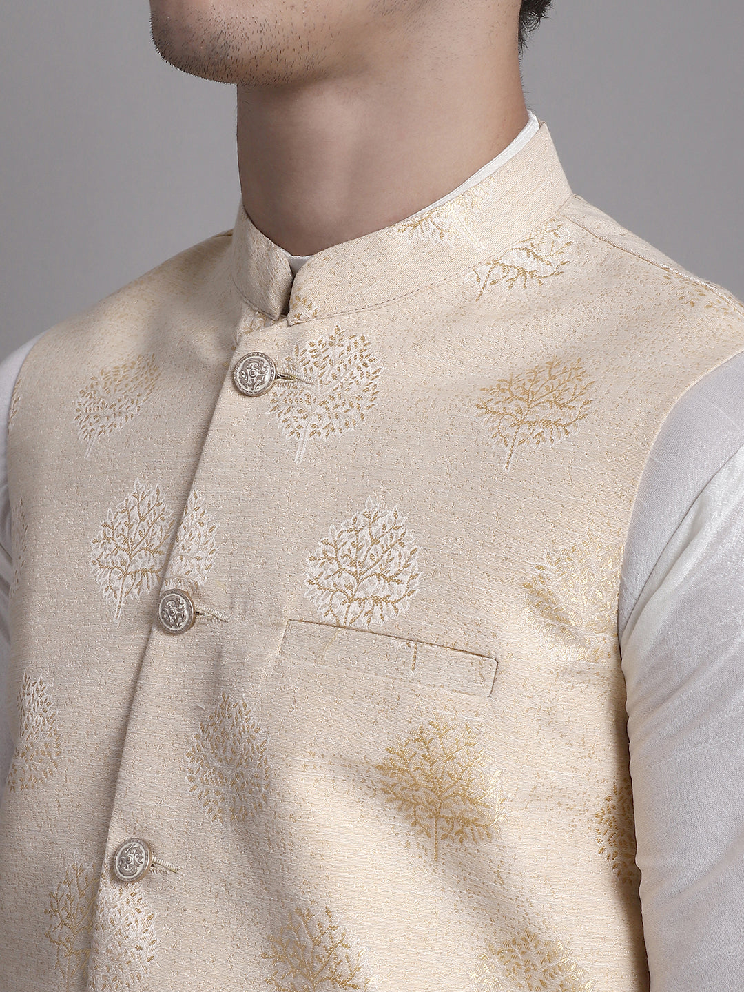 Jompers Men's Cream and Golden Printed Nehru Jacket - Distacart