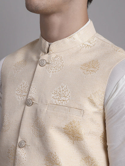 Jompers Men's Cream and Golden Printed Nehru Jacket - Distacart