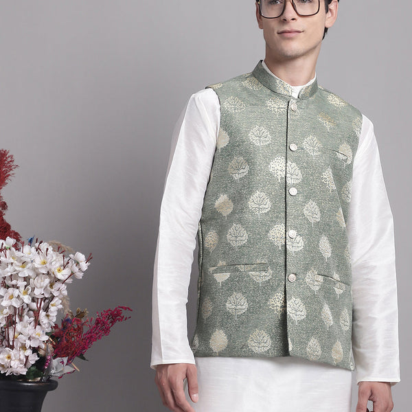 Jompers Men's Green and Golden Printed Nehru Jacket - Distacart