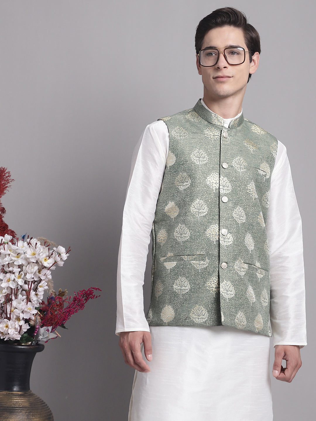 Jompers Men's Green and Golden Printed Nehru Jacket - Distacart