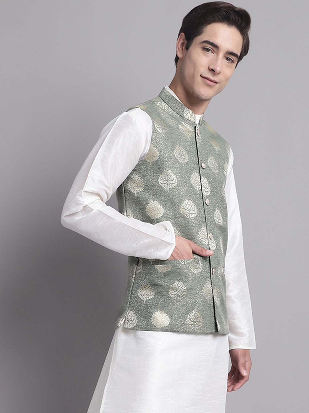 Jompers Men's Green and Golden Printed Nehru Jacket - Distacart