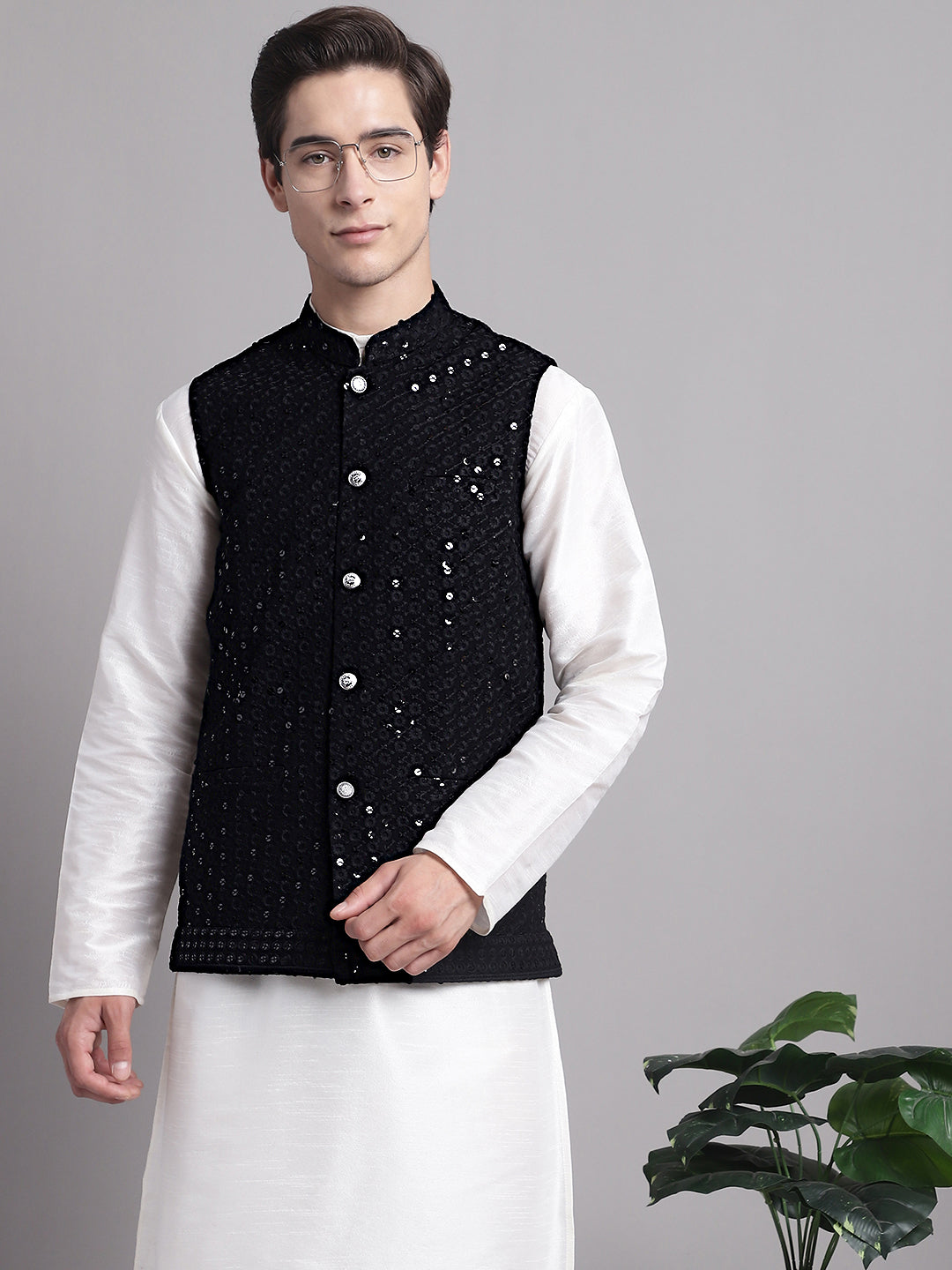 Jompers Men's Black Sequins and Embroidered Nehru Jacket - Distacart