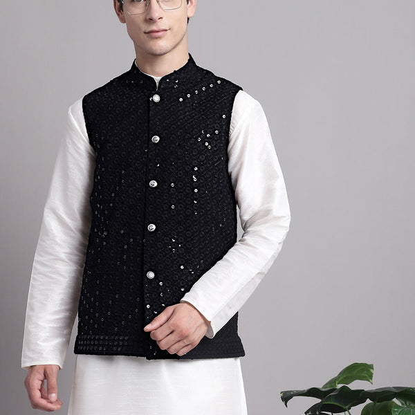 Jompers Men's Black Sequins and Embroidered Nehru Jacket - Distacart