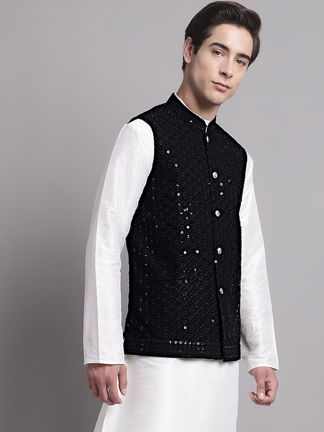 Jompers Men's Black Sequins and Embroidered Nehru Jacket - Distacart