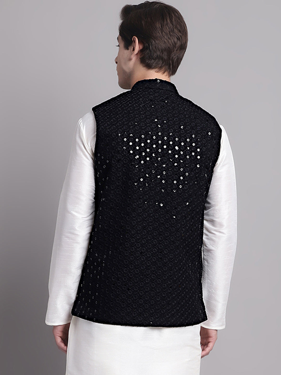 Jompers Men's Black Sequins and Embroidered Nehru Jacket - Distacart