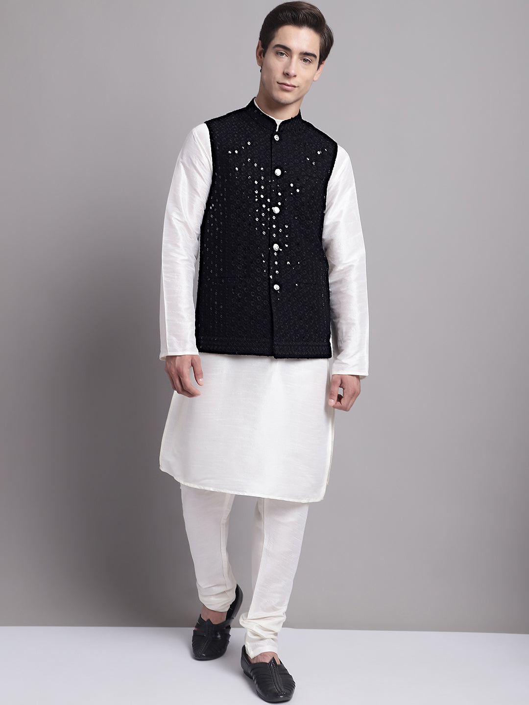 Jompers Men's Black Sequins and Embroidered Nehru Jacket - Distacart