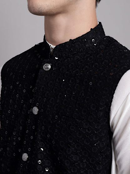 Jompers Men's Black Sequins and Embroidered Nehru Jacket - Distacart