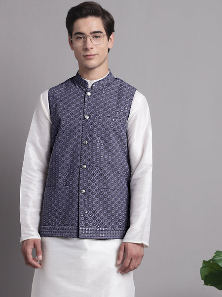 Jompers Men's Grey Sequins and Embroidered Nehru Jacket - Distacart