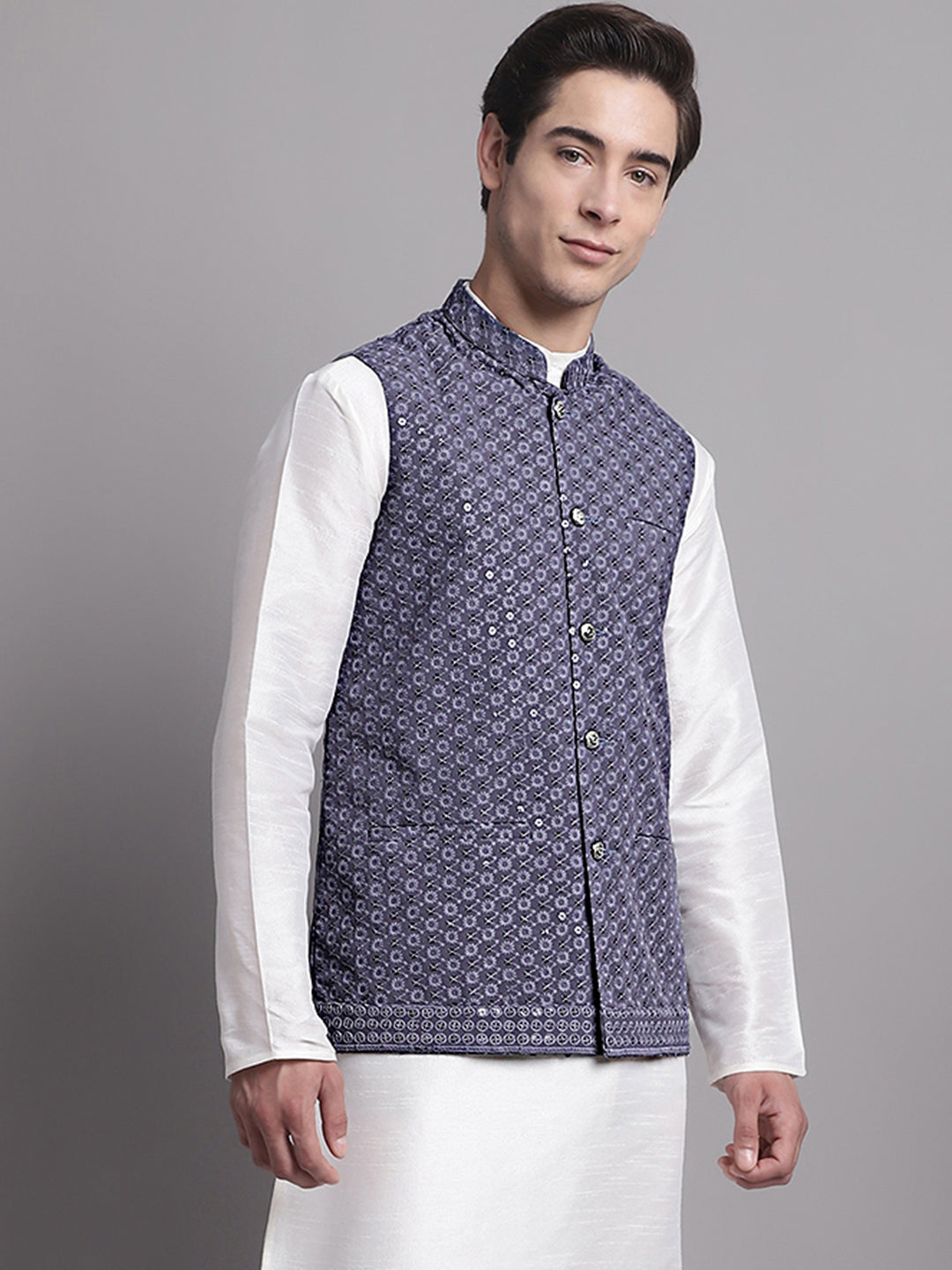 Jompers Men's Grey Sequins and Embroidered Nehru Jacket - Distacart